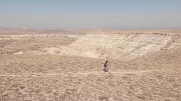 Panning luchtfoto jonge sportieve wandelaar vrouw gaat het pad buiten op met een schilderachtig natuurpanorama video