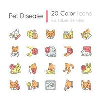 Pet disease RGB color icons set. Infectious and viral illness. Physical animal injuries. Veterinary examination. Isolated vector illustrations. Simple filled line drawings collection. Editable stroke