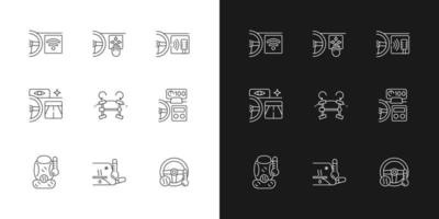 Sports car accessories linear icons set for dark and light mode. Innovative vehicle tech features. Customizable thin line symbols. Isolated vector outline illustrations. Editable stroke