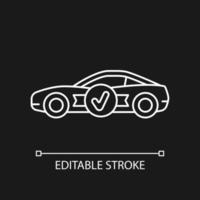 Top quality car white linear icon for dark theme. Well-engineered sports auto model. Thin line customizable illustration. Isolated vector contour symbol for night mode. Editable stroke