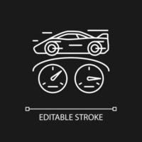 Top speed white linear icon for dark theme. Sports car racing. Detecting vehicle speed. Thin line customizable illustration. Isolated vector contour symbol for night mode. Editable stroke