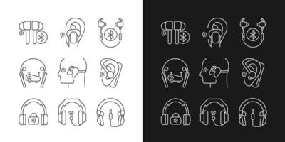 Earphones linear icons set for dark and light mode. Professional headphones for music mastering. Customizable thin line symbols. Isolated vector outline illustrations. Editable stroke