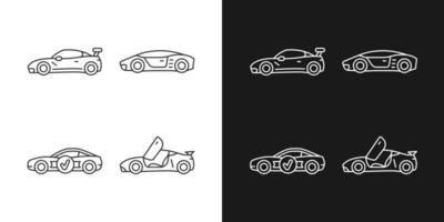 Iconos lineales de modelos de autos de carrera configurados para modo oscuro y claro. Vehículo personalizado. Auto profesional de alta calificación. símbolos de línea fina personalizables. ilustraciones de contorno de vector aislado. trazo editable