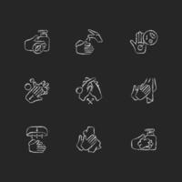 Hand washing steps chalk white icons set on dark background. Removing germs from hands. Applying soap, disinfectant. Reducing common infection risk. Isolated vector chalkboard illustrations on black