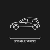 Hatchback white linear icon for dark theme. Cheap sports car. Auto with two-box design. Thin line customizable illustration. Isolated vector contour symbol for night mode. Editable stroke