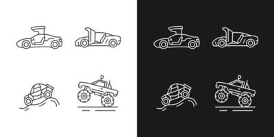 Driving specially-modified vehicles linear icons set for dark and light mode. Hinge mechanism. Off road racing. Customizable thin line symbols. Isolated vector outline illustrations. Editable stroke