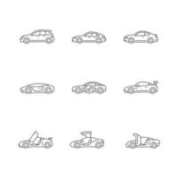 Conjunto de iconos lineales de modelos de coches deportivos. diseños de puertas no estándar. experiencia de conducción a alta velocidad. símbolos de contorno de línea fina personalizables. ilustraciones de contorno de vector aislado. trazo editable