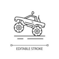 Monster truck racing linear icon. Pickup with oversized tires. Competitive, entertainment event. Thin line customizable illustration. Contour symbol. Vector isolated outline drawing. Editable stroke