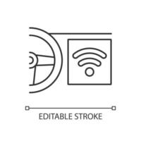 Built in wifi hotspot linear icon. Wi-Fi enabled vehicle. Car with internet connection capability. Thin line customizable illustration. Contour symbol. Vector isolated outline drawing. Editable stroke