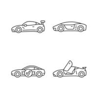 Race car models linear icons set. Customized vehicle. World-class auto. Unique door design. Customizable thin line contour symbols. Isolated vector outline illustrations. Editable stroke