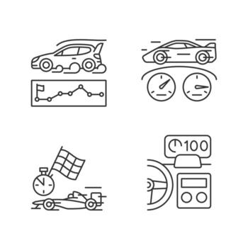 Automobiles racing for competition linear icons set. Rallying event. Test car limits. Head up display. Customizable thin line contour symbols. Isolated vector outline illustrations. Editable stroke