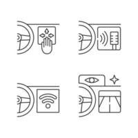 Advanced car technologies linear icons set. Gesture control. Digital voice assistance. Night vision. Customizable thin line contour symbols. Isolated vector outline illustrations. Editable stroke