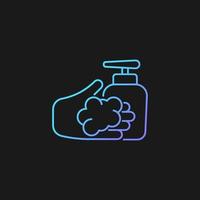 Washing with liquid soap gradient vector icon for dark theme. Minimizing germs transfer risk. Antimicrobial cleanser. Thin line color symbol. Modern style pictogram. Vector isolated outline drawing