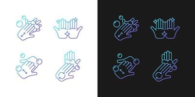 Washing hands instruction gradient icons set for dark and light mode. Rub palms with soap. Thin line contour symbols bundle. Isolated vector outline illustrations collection on black and white