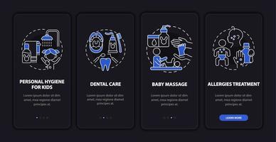 Child care onboarding mobile app page screen. Infant physical health walkthrough 4 steps graphic instructions with concepts. UI, UX, GUI vector template with linear night mode illustrations