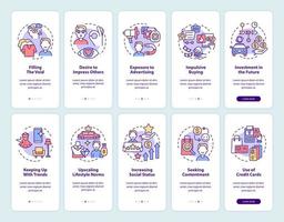 Consumerism onboarding mobile app page screen set. Excessive buying reasons walkthrough 5 steps graphic instructions with concepts. UI, UX, GUI vector template with linear color illustrations