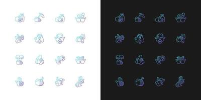 Keeping hands clean gradient icons set for dark and light mode. Washing with soap and water. Thin line contour symbols bundle. Isolated vector outline illustrations collection on black and white