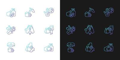 Hand washing steps gradient icons set for dark and light mode. Removing germs from hands. Thin line contour symbols bundle. Isolated vector outline illustrations collection on black and white