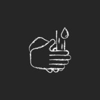 Rub palms together chalk white icon on dark background. Rinsing hands under cold running water. Killing germs on palms. Lathering bottom of hands. Isolated vector chalkboard illustration on black