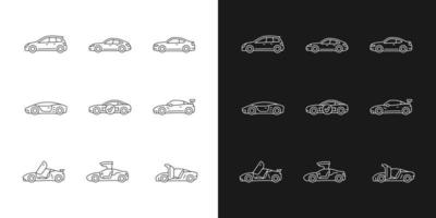 Iconos lineales de modelos de coches deportivos establecidos para el modo oscuro y claro. diseños de puertas no estándar. conducción a alta velocidad. símbolos de línea fina personalizables. ilustraciones de contorno de vector aislado. trazo editable