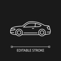 Coupe car white linear icon for dark theme. Two-door sports auto. Performance-oriented vehicle. Thin line customizable illustration. Isolated vector contour symbol for night mode. Editable stroke