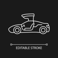 Gullwing-doored vehicle white linear icon for dark theme. Automobile with falconwing doors. Thin line customizable illustration. Isolated vector contour symbol for night mode. Editable stroke