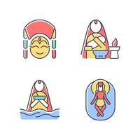 Nepal spiritual heritage RGB color icons set. Kumari living goddess. Baby naming tradition. Meditation in water. Vishnu shrine. Isolated vector illustrations. Simple filled line drawings collection