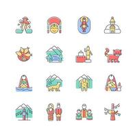 Nepal cultural heritage RGB color icons set. Religious festivals. Tourist attractions. Mountaineering destination. Architecture. Isolated vector illustrations. Simple filled line drawings collection