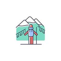 Trekking in Nepal RGB color icon. Mountaineering destination for travelers. Hiking through Himalayas. Climbing seasons. Travel experience. Isolated vector illustration. Simple filled line drawing