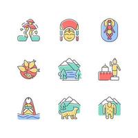 Culture of Nepal RGB color icons set. Trekking destination. Earthquake risk. Religious sites. Nepalese festivals. Yomari dumpling. Isolated vector illustrations. Simple filled line drawings collection