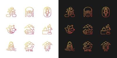 Culture of Nepal gradient icons set for dark and light mode. Trekking destination. Earthquake. Thin line contour symbols bundle. Isolated vector outline illustrations collection on black and white