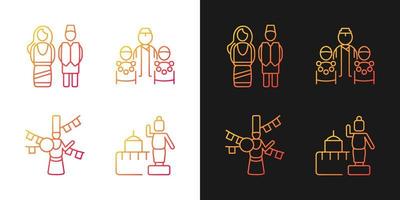 Nepalese traditions gradient icons set for dark and light mode. Ethnic costumes. Bratabandha. Thin line contour symbols bundle. Isolated vector outline illustrations collection on black and white