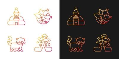 Tourism in Nepal gradient icons set for dark and light mode. Swayambhu stupa. Nepalese cuisine. Thin line contour symbols bundle. Isolated vector outline illustrations collection on black and white