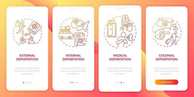 Deportation types red onboarding mobile app page screen. Immigration problems walkthrough 4 steps graphic instructions with concepts. UI, UX, GUI vector template with linear color illustrations