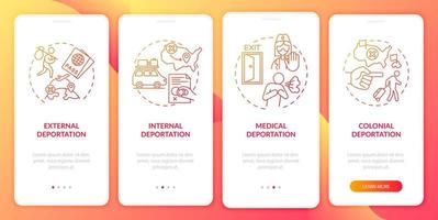 Deportation types red onboarding mobile app page screen. Immigration problems walkthrough 4 steps graphic instructions with concepts. UI, UX, GUI vector template with linear color illustrations