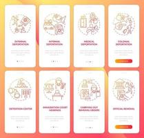 Deportation red onboarding mobile app page screen set. Official processing walkthrough 4 steps graphic instructions with concepts. UI, UX, GUI vector template with linear color illustrations