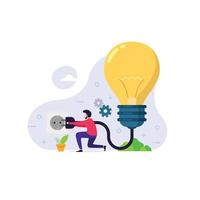 Tiny man turning on light bulb vector illustration