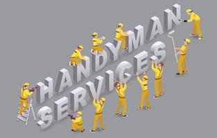 Handyman Services. Workers Install Isometric Letters. Team of Builders. vector