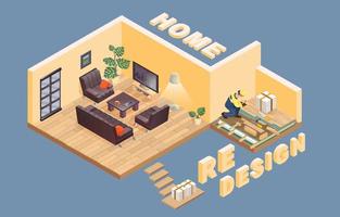 Home Redesign. Isometric. Worker is Laying Parquet. Interior. vector