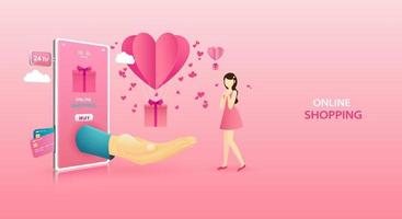 feliz día de san valentín con globos de corazón y regalo rosa sobre fondo rosa. compras en línea en concepto de teléfono móvil para pedidos de regalos en línea y servicio de entrega. para banner de página de destino, volantes. vector