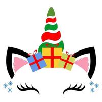 unicornio de navidad con regalos. cabeza de unicornio con copos de nieve. vector