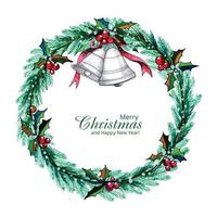 Beautiful round christmas wreath on bell card background vector