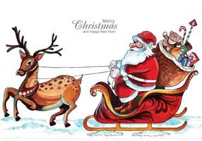 Merry christmas with santa claus reindeer card background vector