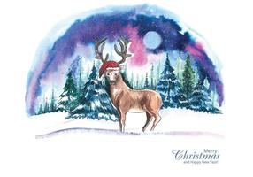 Hand drawn christmas deer landscape trees watercolor background