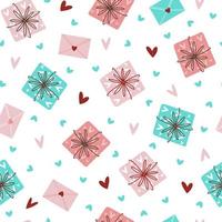Holiday gifts seamless vector pattern. Hand-drawn illustration on white background. Beautifully decorated presents, hearts, love messages. Romantic concept for Valentine's Day, birthday, date.