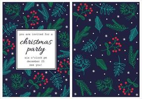 Christmas party invitation vector concept. Hand-drawn seasonal elements - branches of pine, spruce, fir, rose hips with red berries, snowflakes. Floral frame with copy space. Festive template