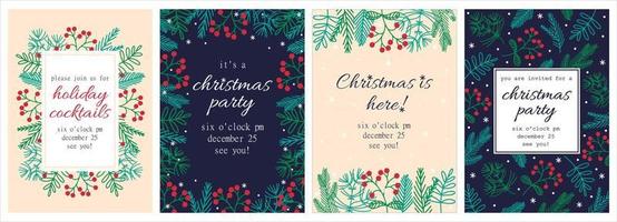 Christmas party invitation set. Collection of hand-drawn vector templates. Seasonal elements - branches of pine, spruce, fir, rose hips. Floral frame with copy space, festive flat concept.