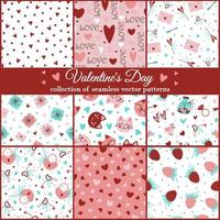 Valentine's Day collection of hand drawn seamless vector patterns. Love symbols - heart, romantic message, gift. Set of festive backdrops for decoration, card design, textiles, web. Flat cartoon style