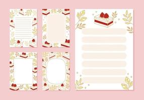 Collection of daily or weekly planner, note paper, to do list, wishlist, organizer templates decorated with cute strawberry cake illustrations vector