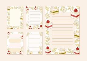 Collection of daily or weekly planner, note paper, to do list, wishlist, organizer templates decorated with cute strawberry cake illustrations vector